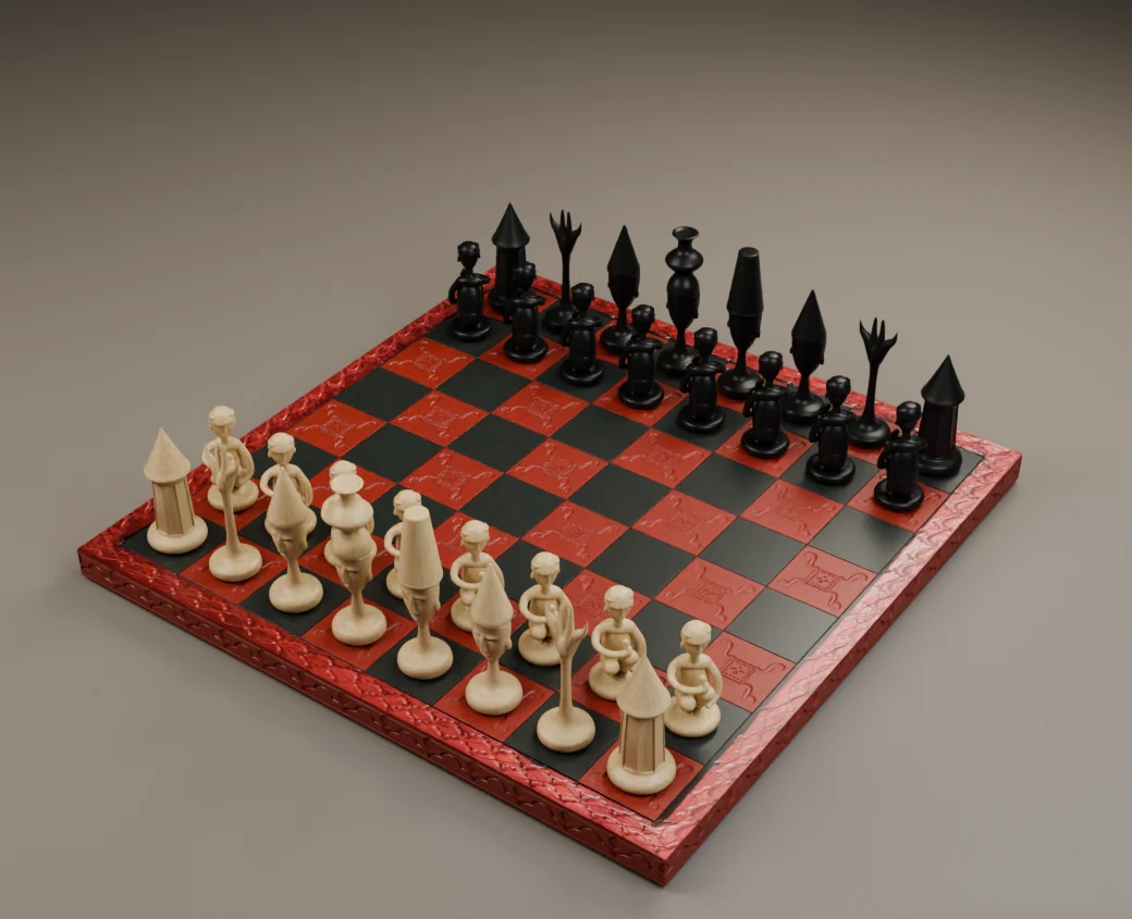 The Board Meeting red marble board with its carved wooden chess pieces